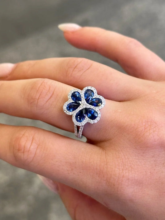 Ladies Flower Shaped Sapphire and Round Diamond Ring