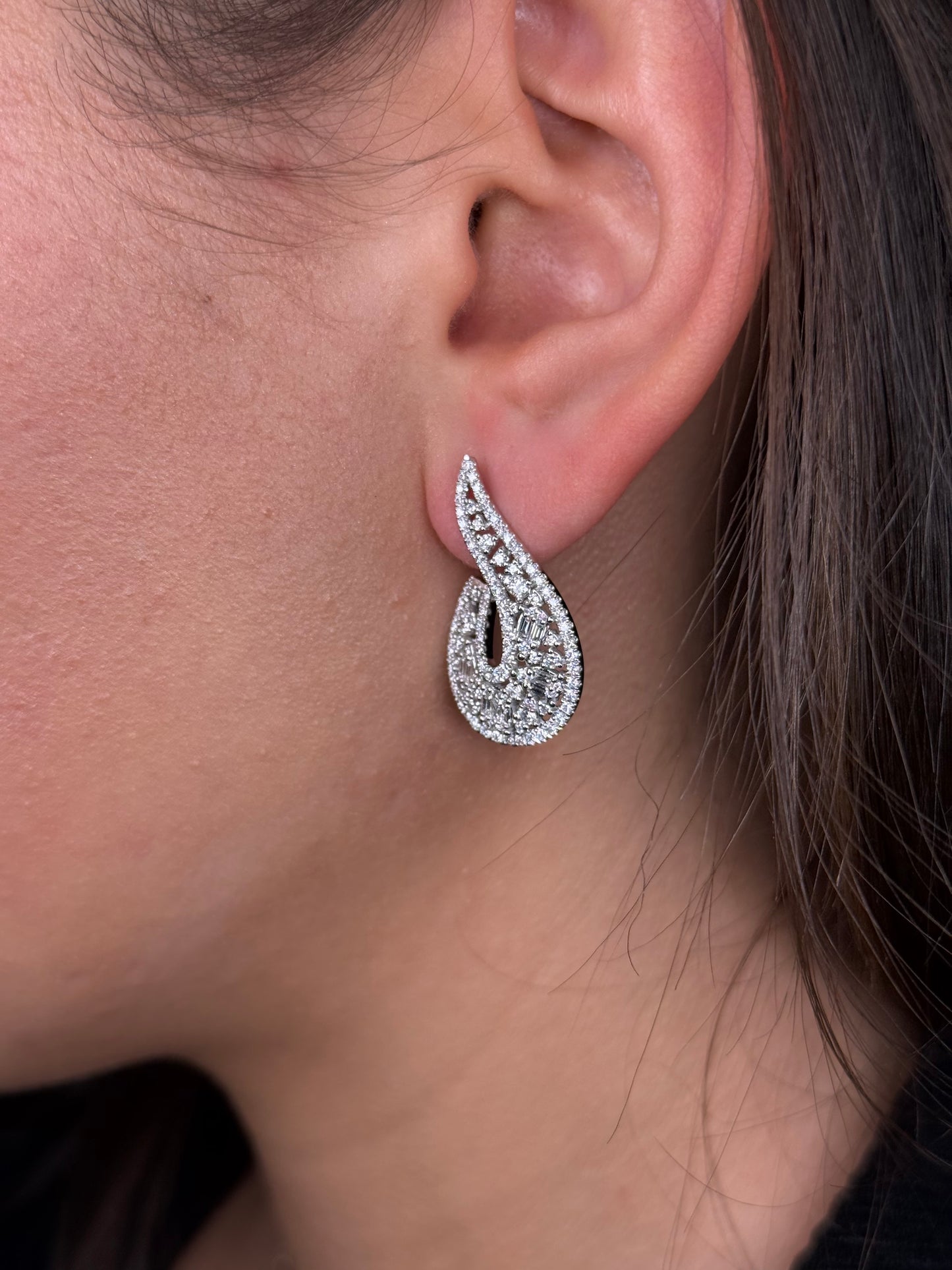 Ladies Baguette Pear and Round Diamond Hook Earring
