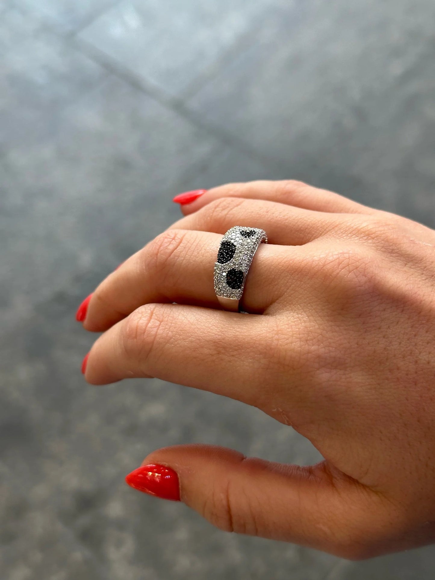 Ladies Spotted Pave Set Black Diamond and Round Diamond Ring