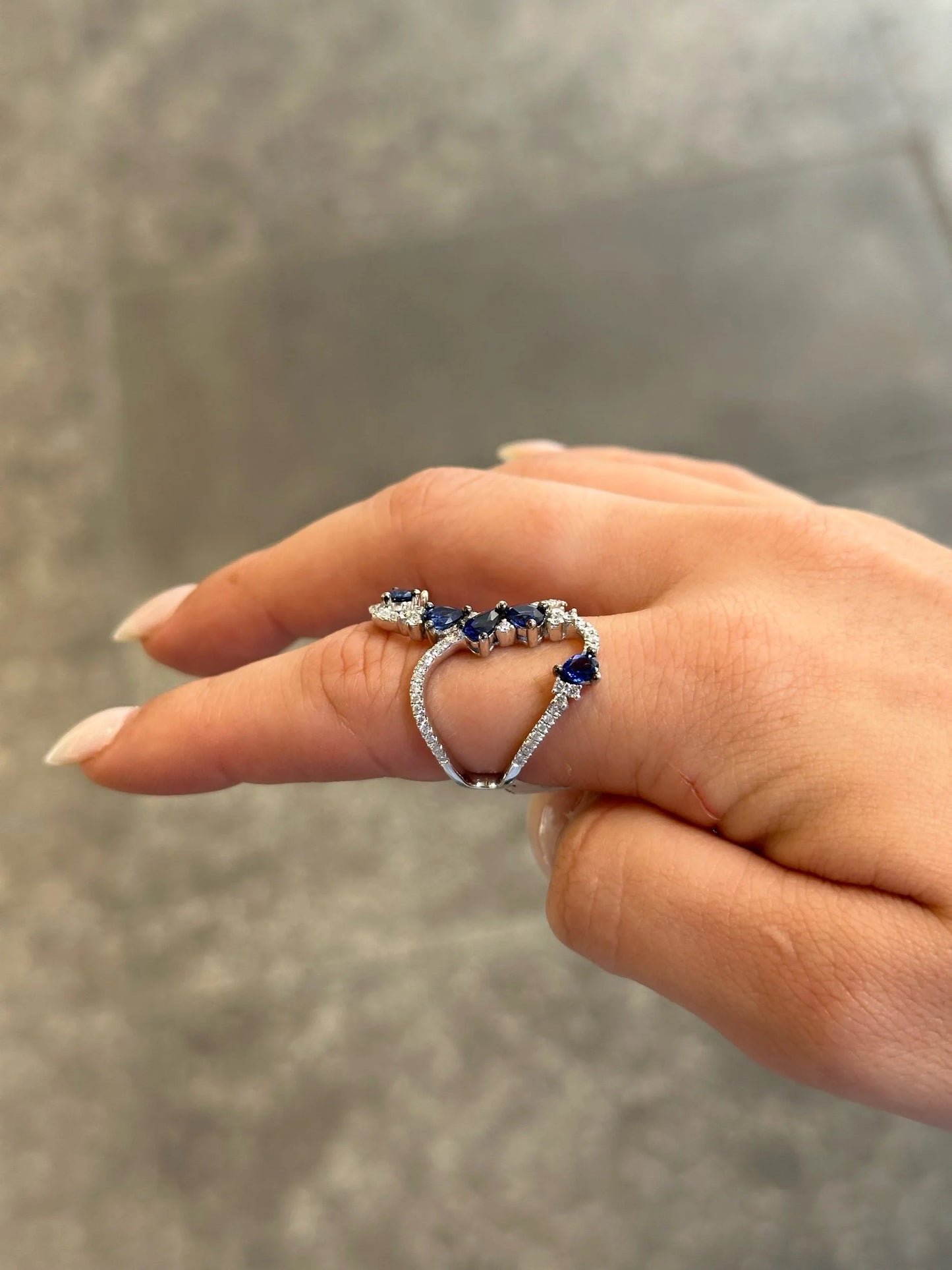 Ladies Pear Sapphire Stone and Round Diamond Open Ring