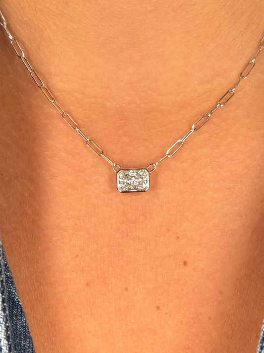 Ladies Lab Grown Radiant Bezel Set Paperclip Necklace