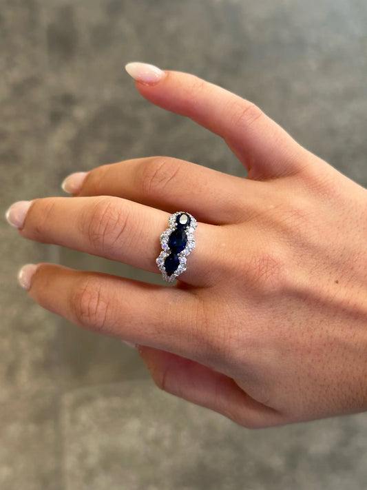 Ladies Three Stone Sapphire and Round Diamond Ring with a Split Shank