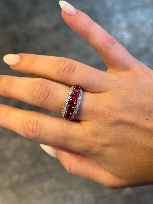 Ladies Single Row Ruby and Double Row Round Diamond Ring