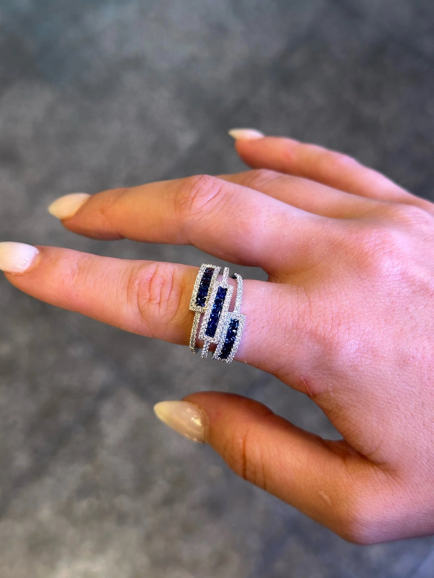 Ladies Triple Shank Sapphire and Round Diamond Fancy Ring