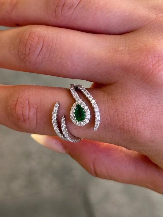 Ladies Open Emerald Stone and Round Diamond Ring