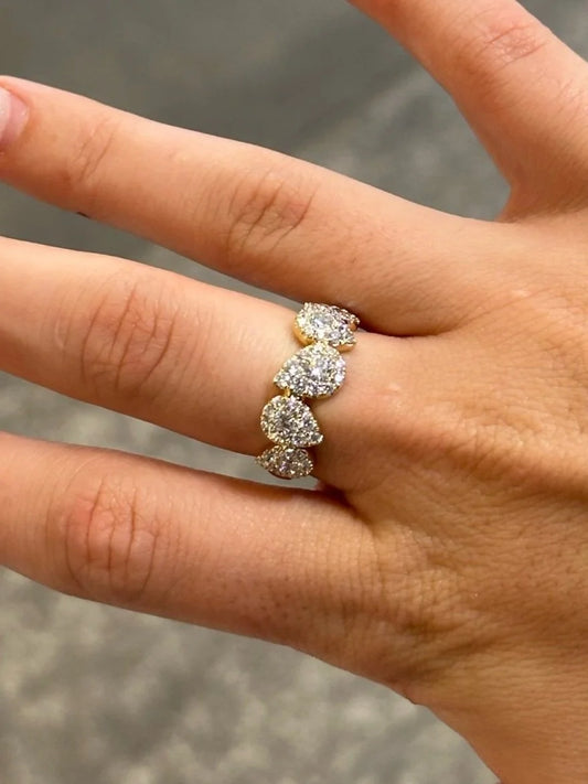 Ladies Five Pear Shaped Cluster Round Diamond Ring