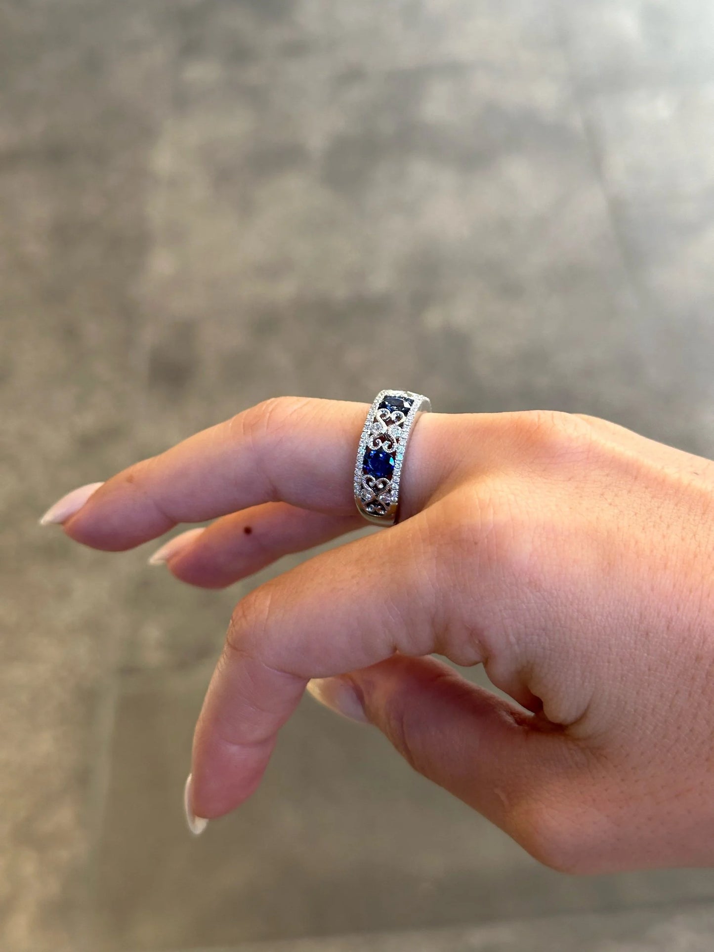 Ladies Three Sapphire Stone Round Diamond Ring