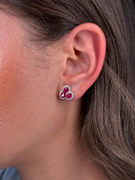 Ladies 3 Ruby Stone Halo Stud Earring