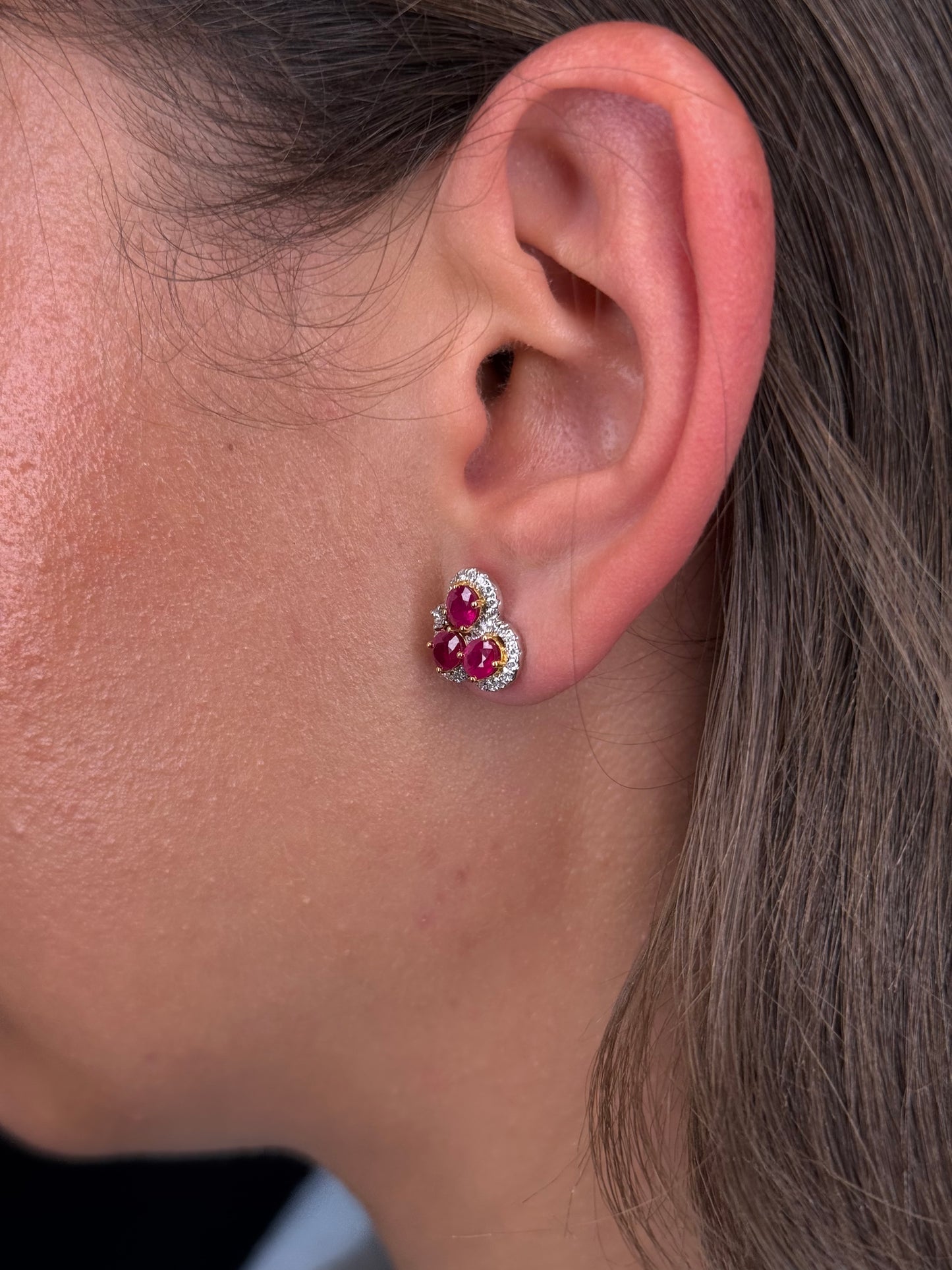 Ladies 3 Ruby Stone Halo Stud Earring
