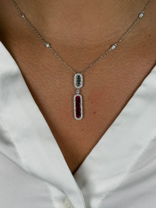 Ladies Ruby Baguette and Round Diamond Necklace