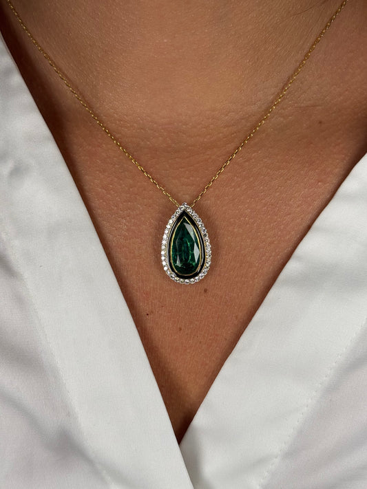 Ladies Emerald Pear and Round Diamond Pendant