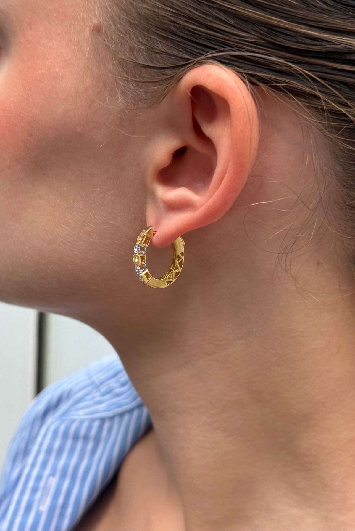 Ladies Alternating Yellow Radiant and Round Diamond Hoop Earring