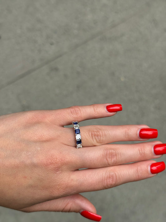 Ladies Alternating Lab Grown Asscher Cut Sapphire and Diamond Ring