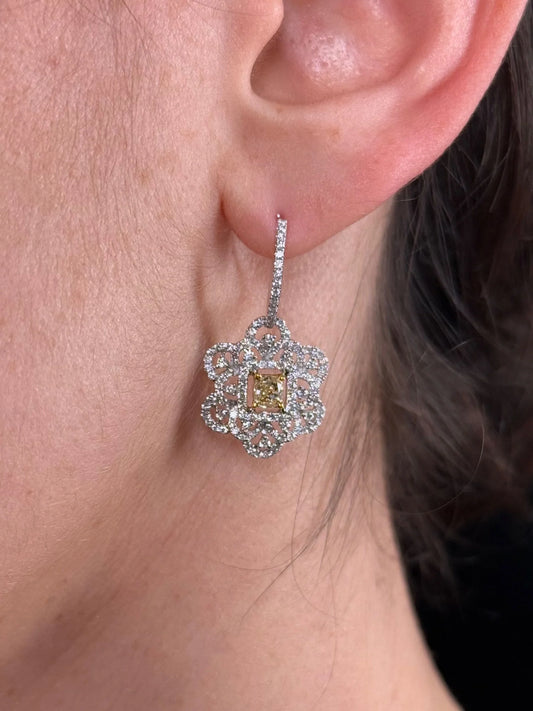 Ladies Two Tone Radiant Yellow Diamond Earrings