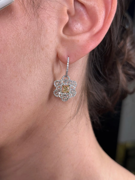 Ladies Two Tone Radiant Yellow Diamond Earrings