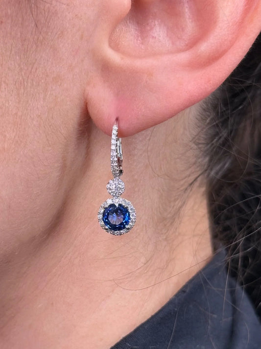 Ladies Dangling Round Sapphire Diamond Earrings