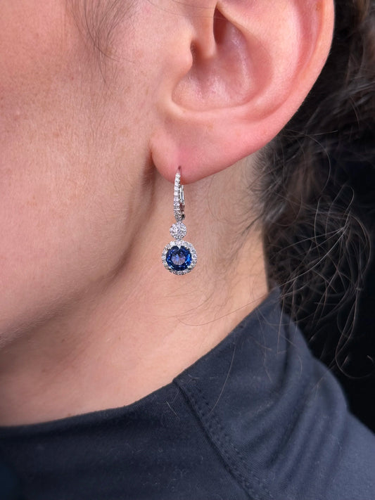 Ladies Dangling Round Sapphire Diamond Earrings