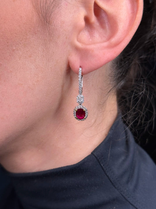 Ladies Dangling Oval Ruby Diamond Earrings