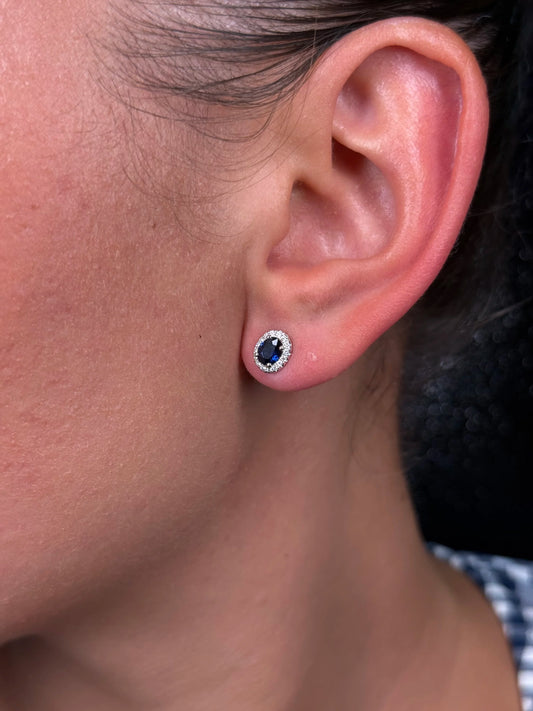 Ladies Sapphire Halo Stud Earring