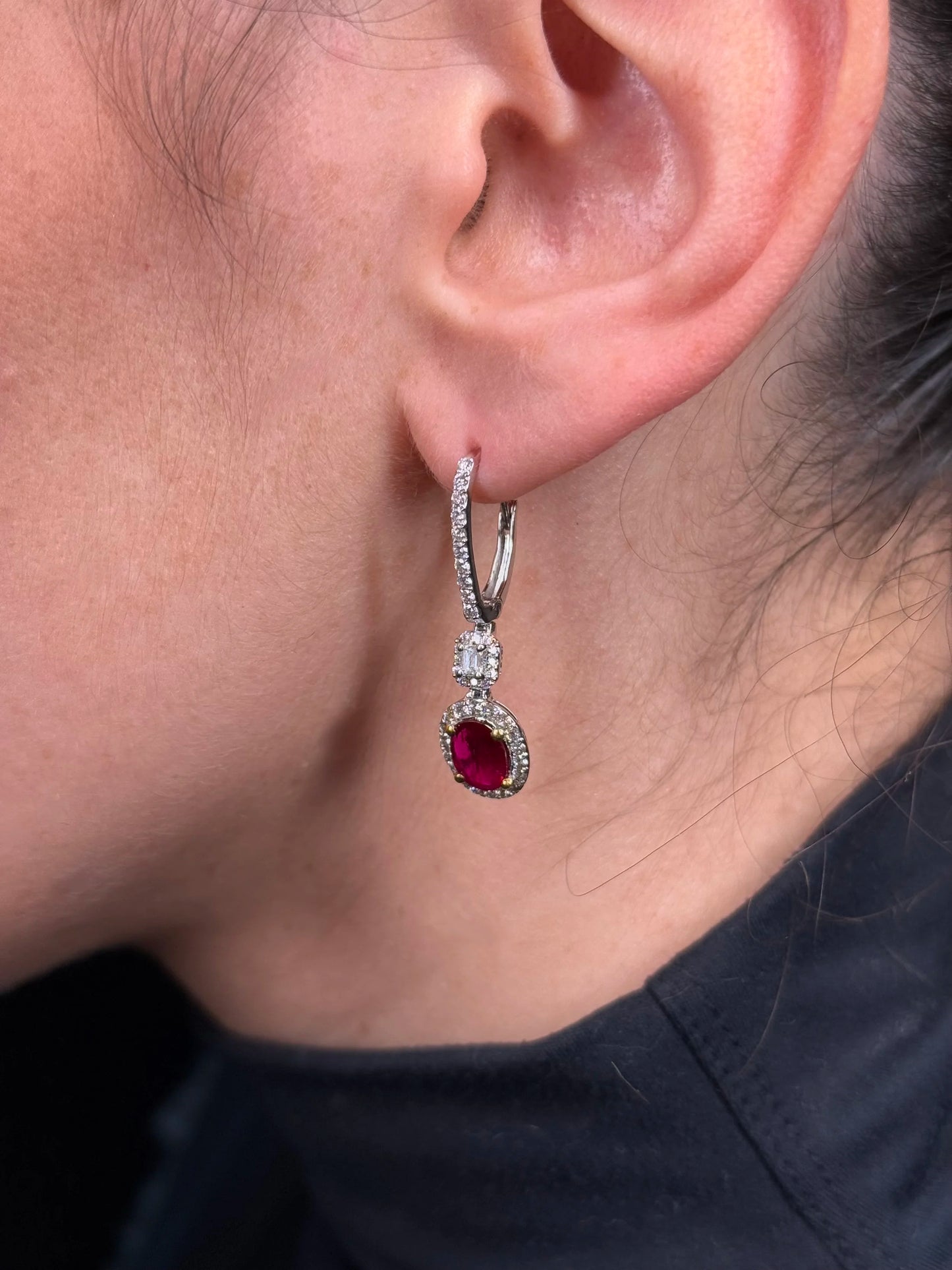 Ladies Dangling Oval Ruby Diamond Earrings
