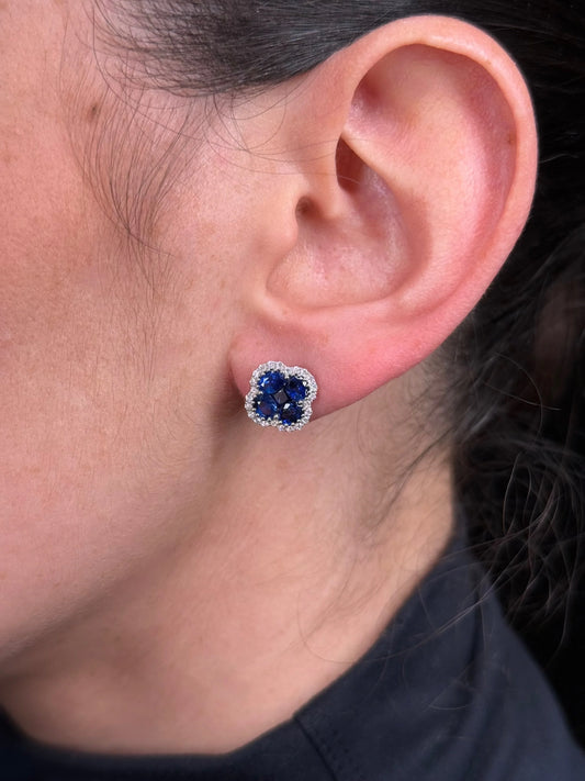 Ladies Oval Sapphire Clover Cluster Diamond Earrings