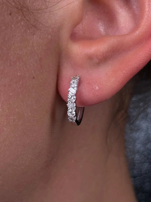 Ladies Alternating Baguette and Round Diamond Huggie