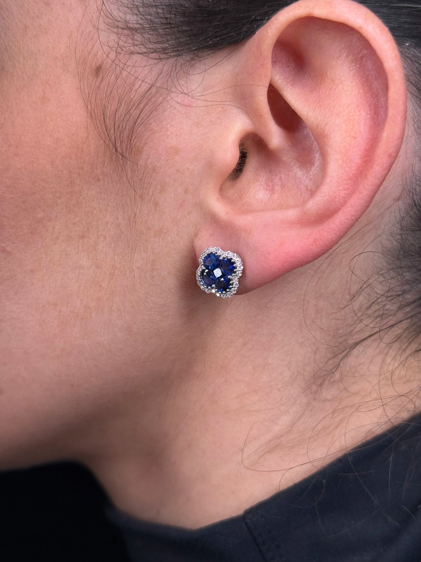 Ladies Oval Sapphire Clover Cluster Diamond Earrings