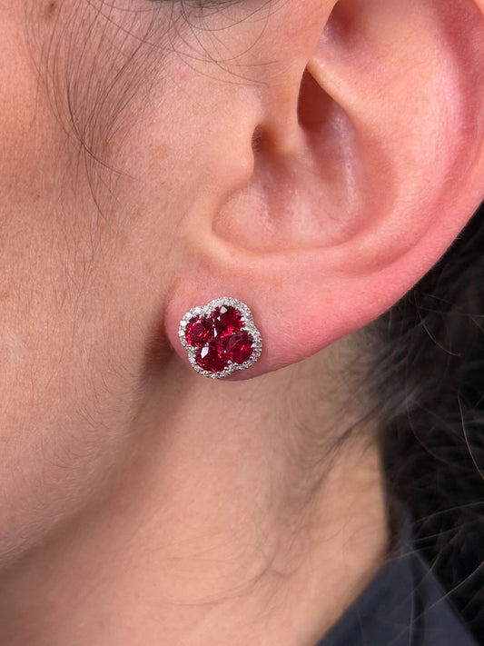 Ladies Oval Ruby Clover Cluster Diamond Earrings