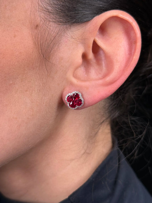 Ladies Oval Ruby Clover Cluster Diamond Earrings