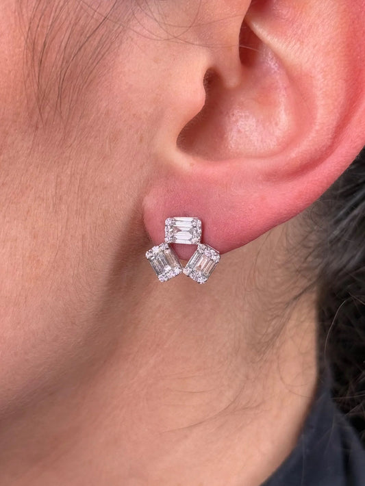 Ladies Triple Baguette and Round Diamond Earrings