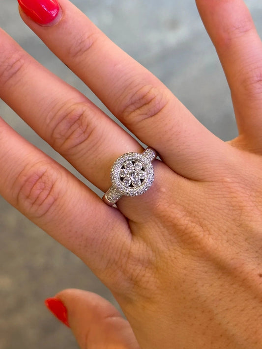 Ladies Flower like Design with Pave Set Halo Ring