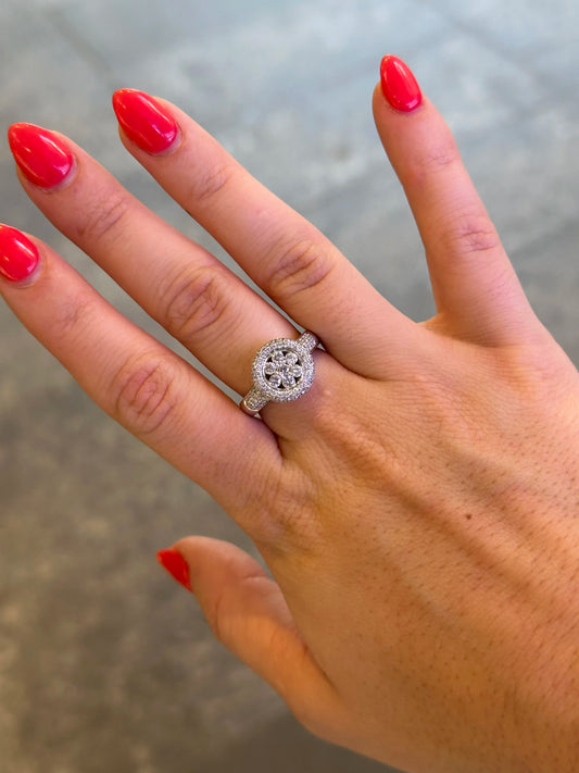 Ladies Flower like Design with Pave Set Halo Ring