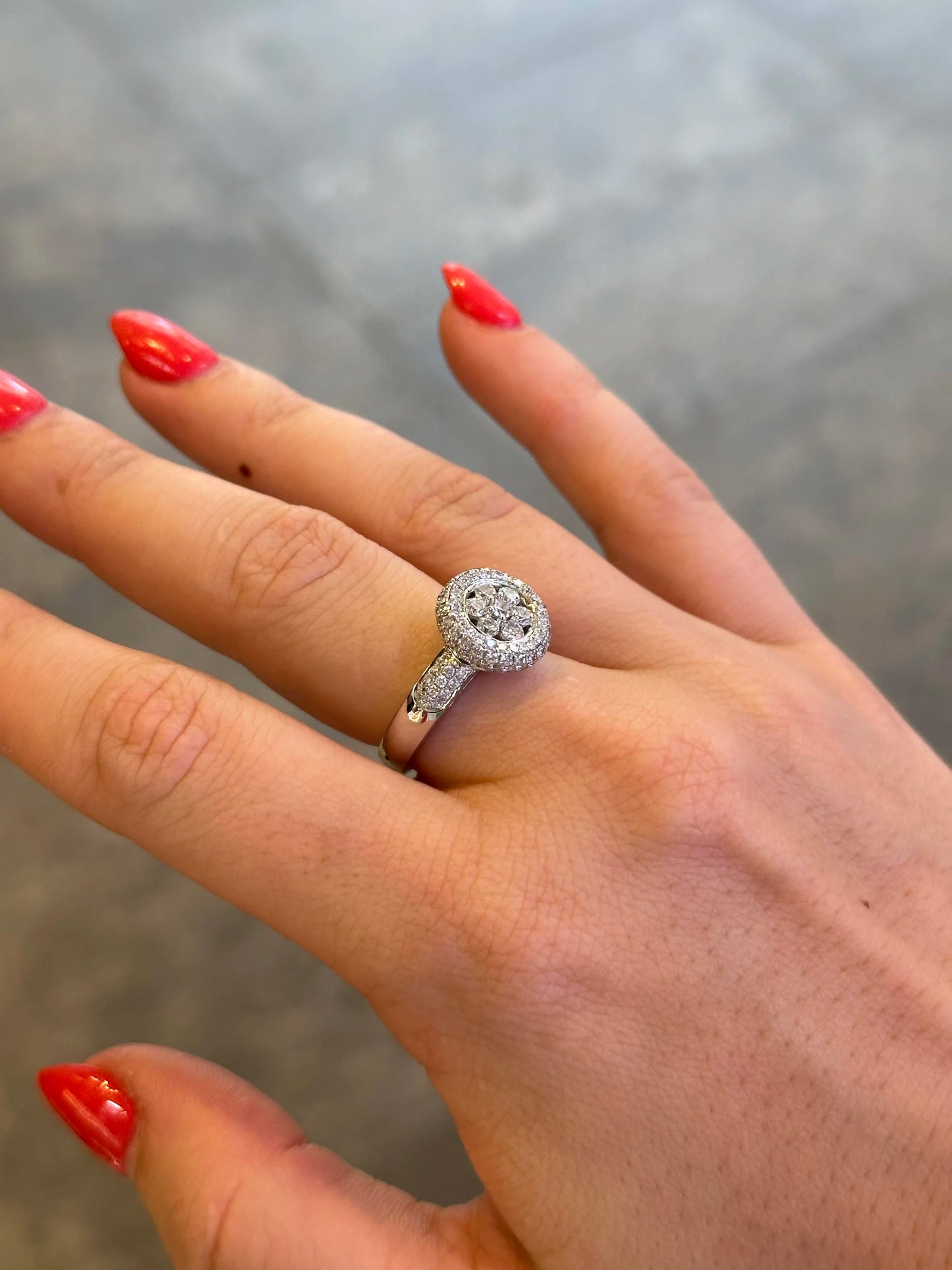 Ladies Flower like Design with Pave Set Halo Ring
