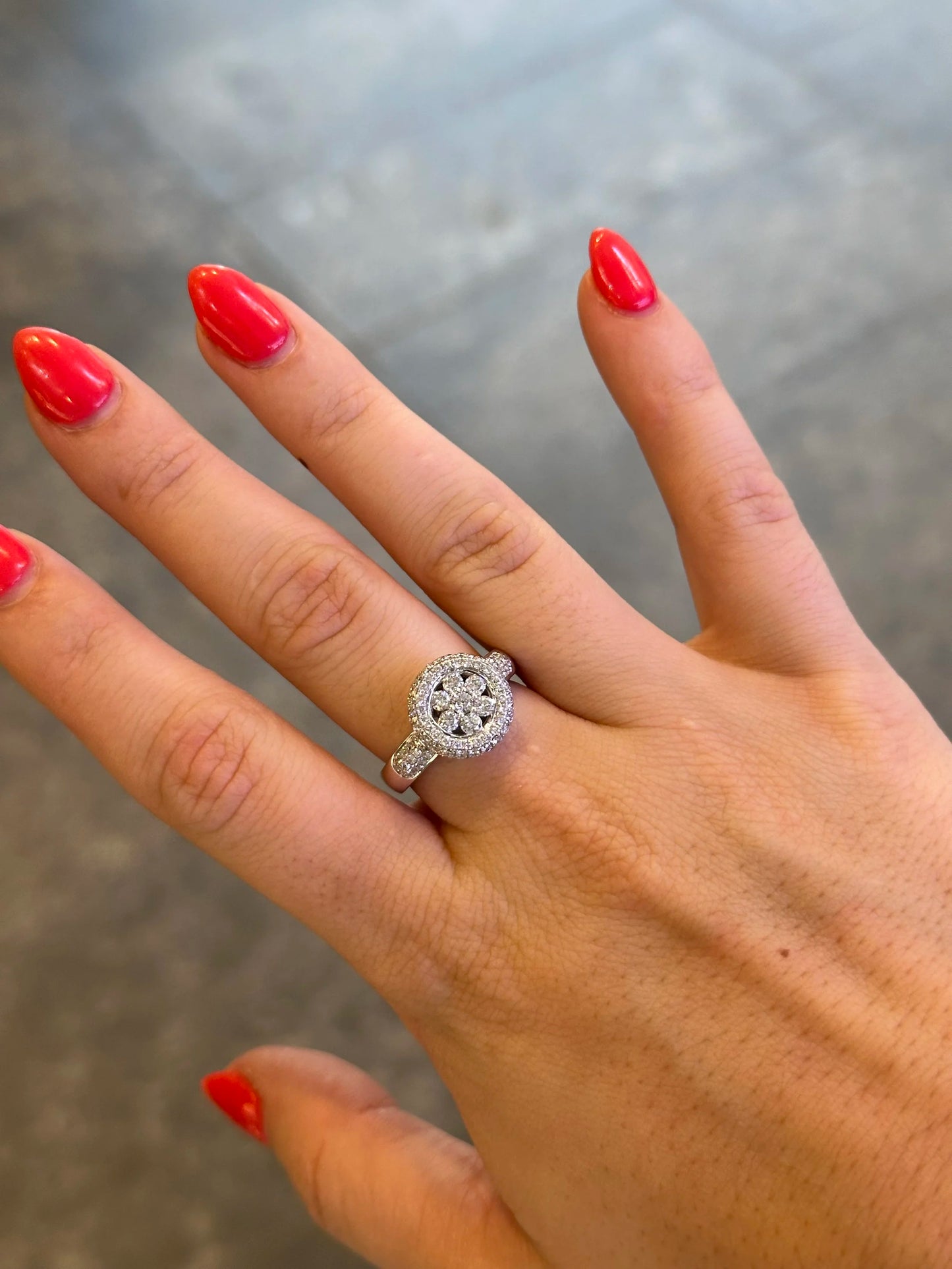 Ladies Flower like Design with Pave Set Halo Ring