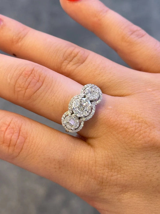 Ladies Three Stone Marquise, Princess, and Round Diamond Cluster Ring