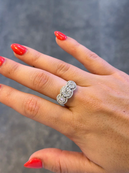 Ladies Three Stone Marquise, Princess, and Round Diamond Cluster Ring