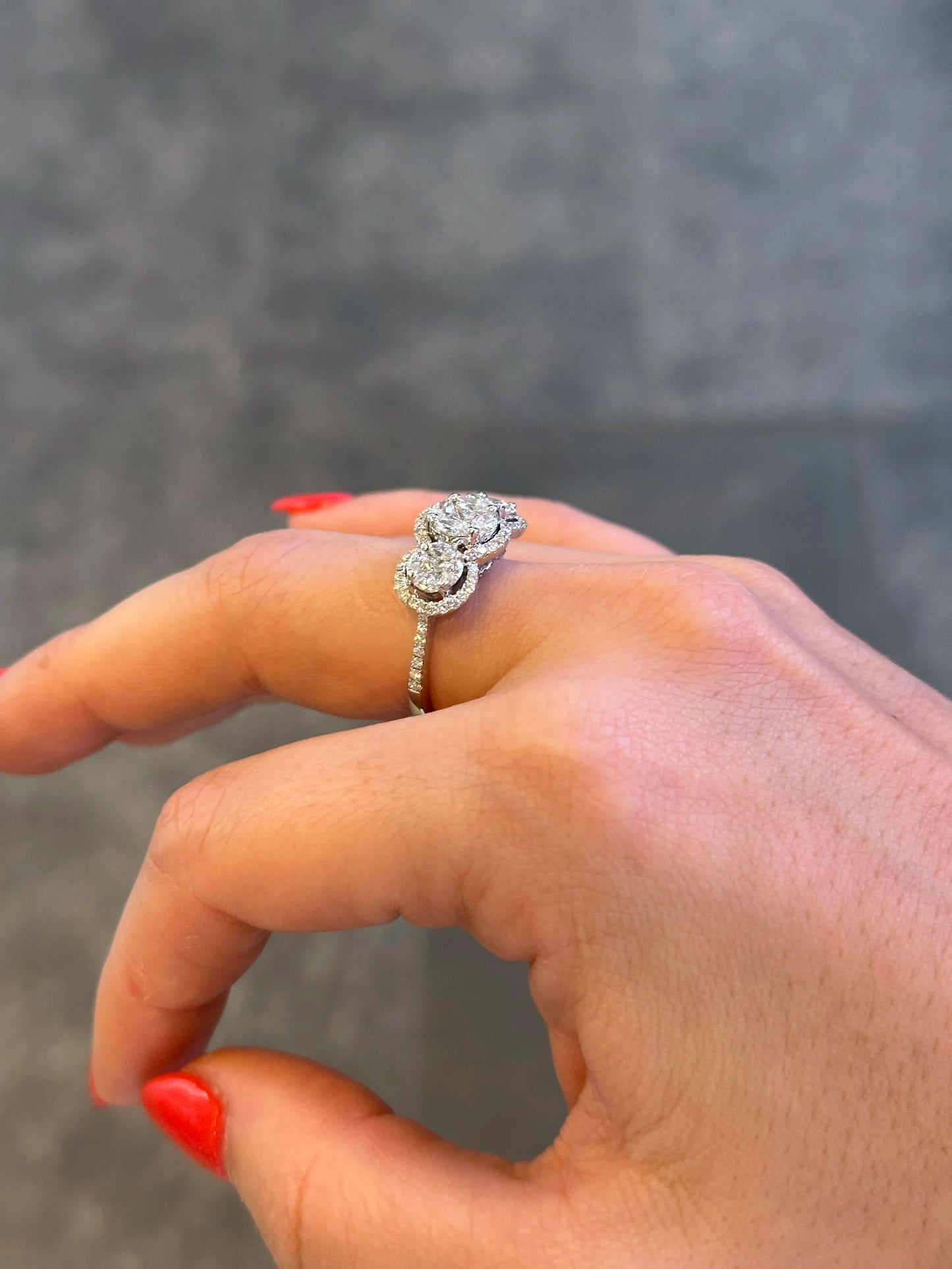 Ladies Three Stone Marquise, Princess, and Round Diamond Cluster Ring