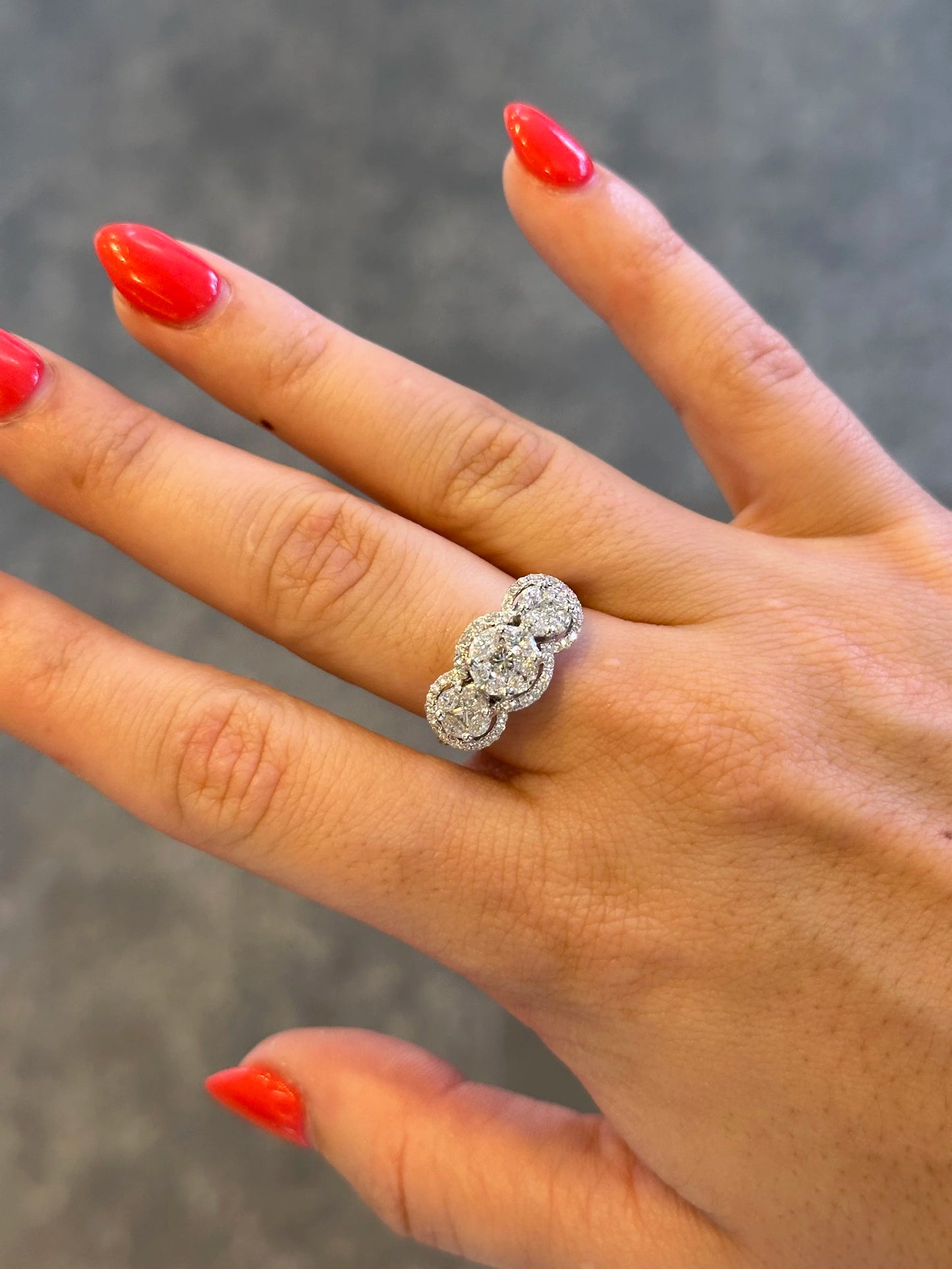 Ladies Three Stone Marquise, Princess, and Round Diamond Cluster Ring