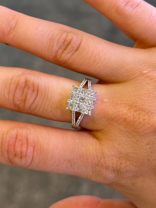 Ladies Split Shank Princess Shaped Cluster Ring