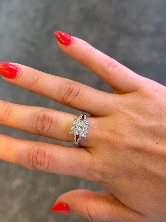 Ladies Split Shank Princess Shaped Cluster Ring