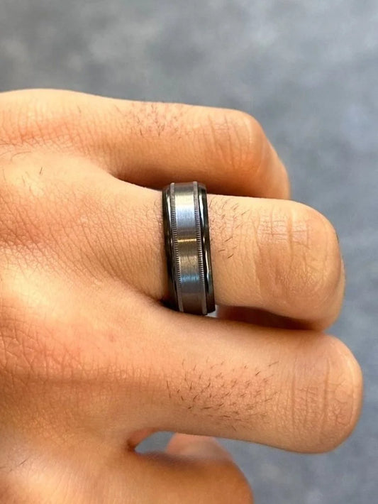 Men’s Two Row Beveled Design Black Wedding Band