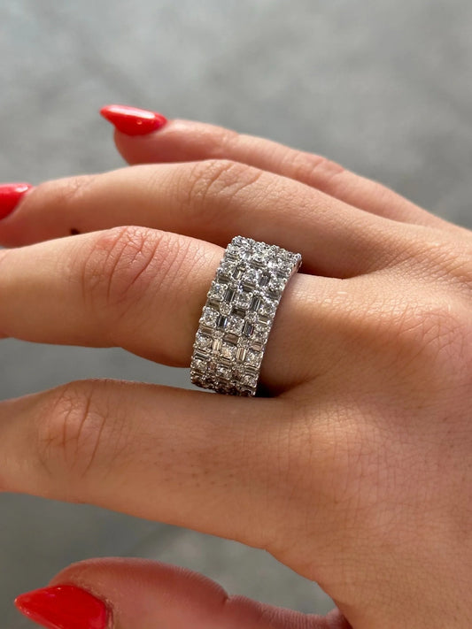 Ladies Wide Five Row Alternating Baguette and Round Diamond Eternity Band
