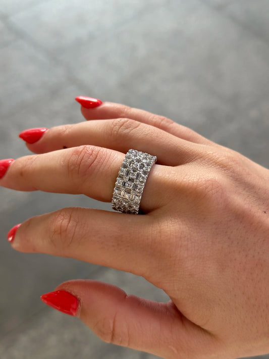 Ladies Wide Five Row Alternating Baguette and Round Diamond Eternity Band