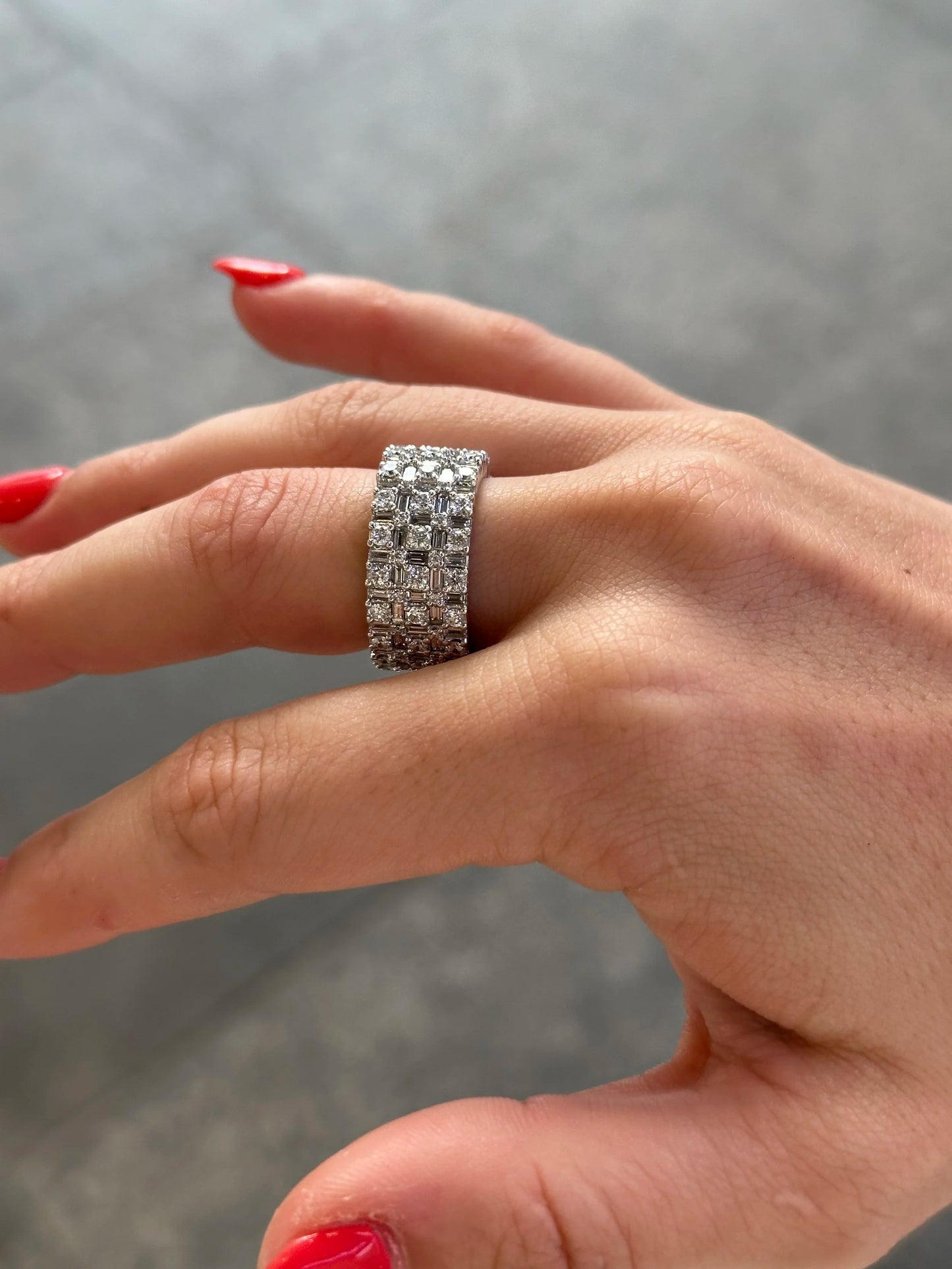 Ladies Wide Five Row Alternating Baguette and Round Diamond Eternity Band