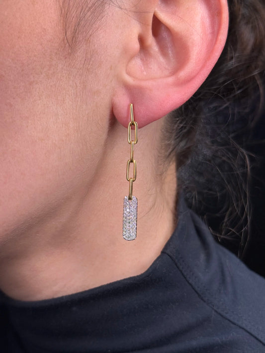 Ladies Dangling Pave Bar Paper Clip Chain Diamond Earrings