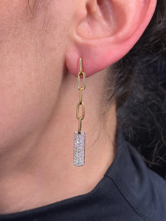 Ladies Dangling Pave Bar Paper Clip Chain Diamond Earrings