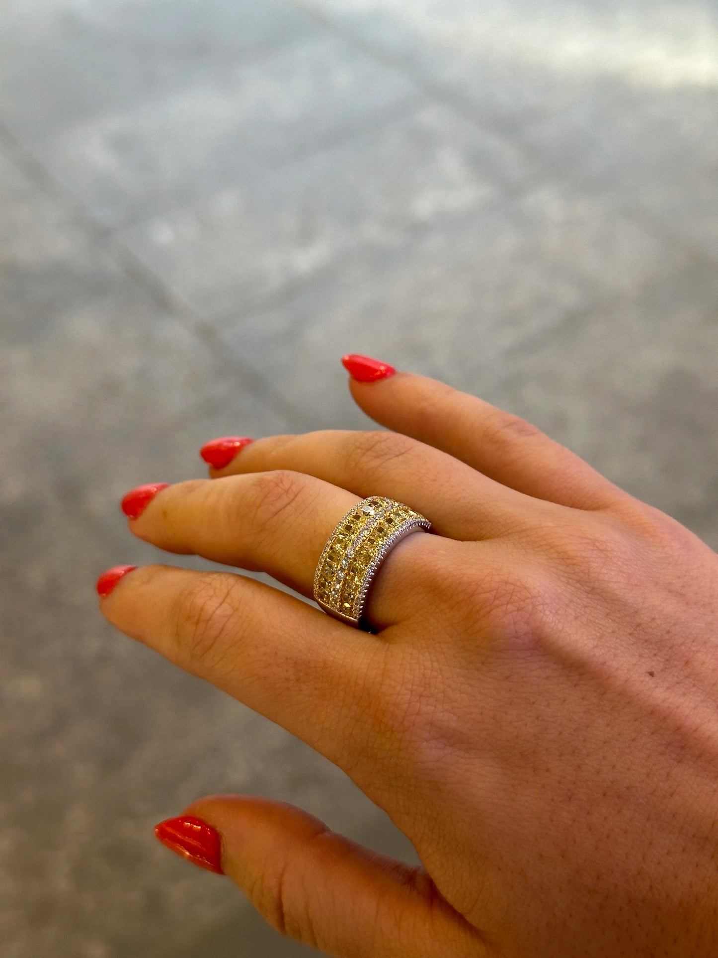 Ladies Two Rows of Yellow Cushion Cut Ring
