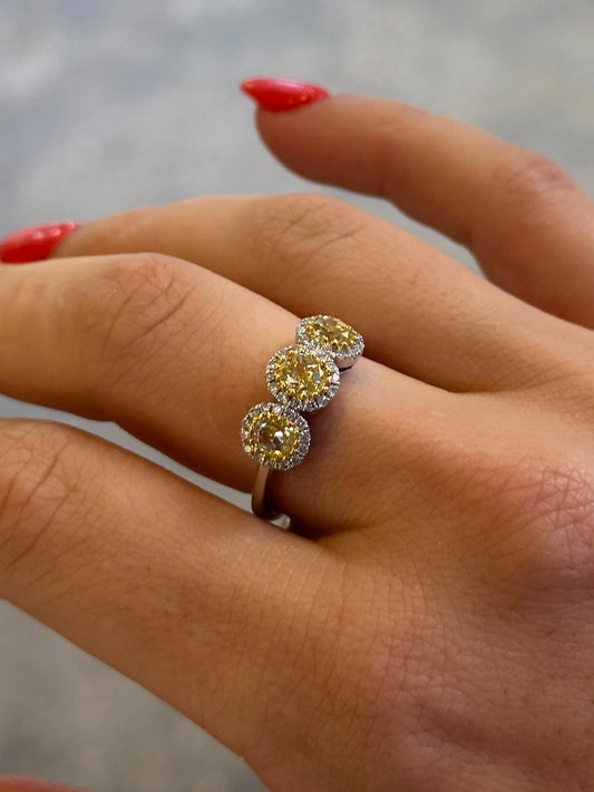 Ladies Three Yellow Diamond Ring with Halo