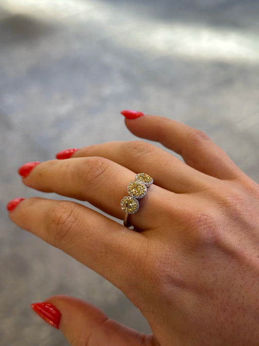 Ladies Three Yellow Diamond Ring with Halo