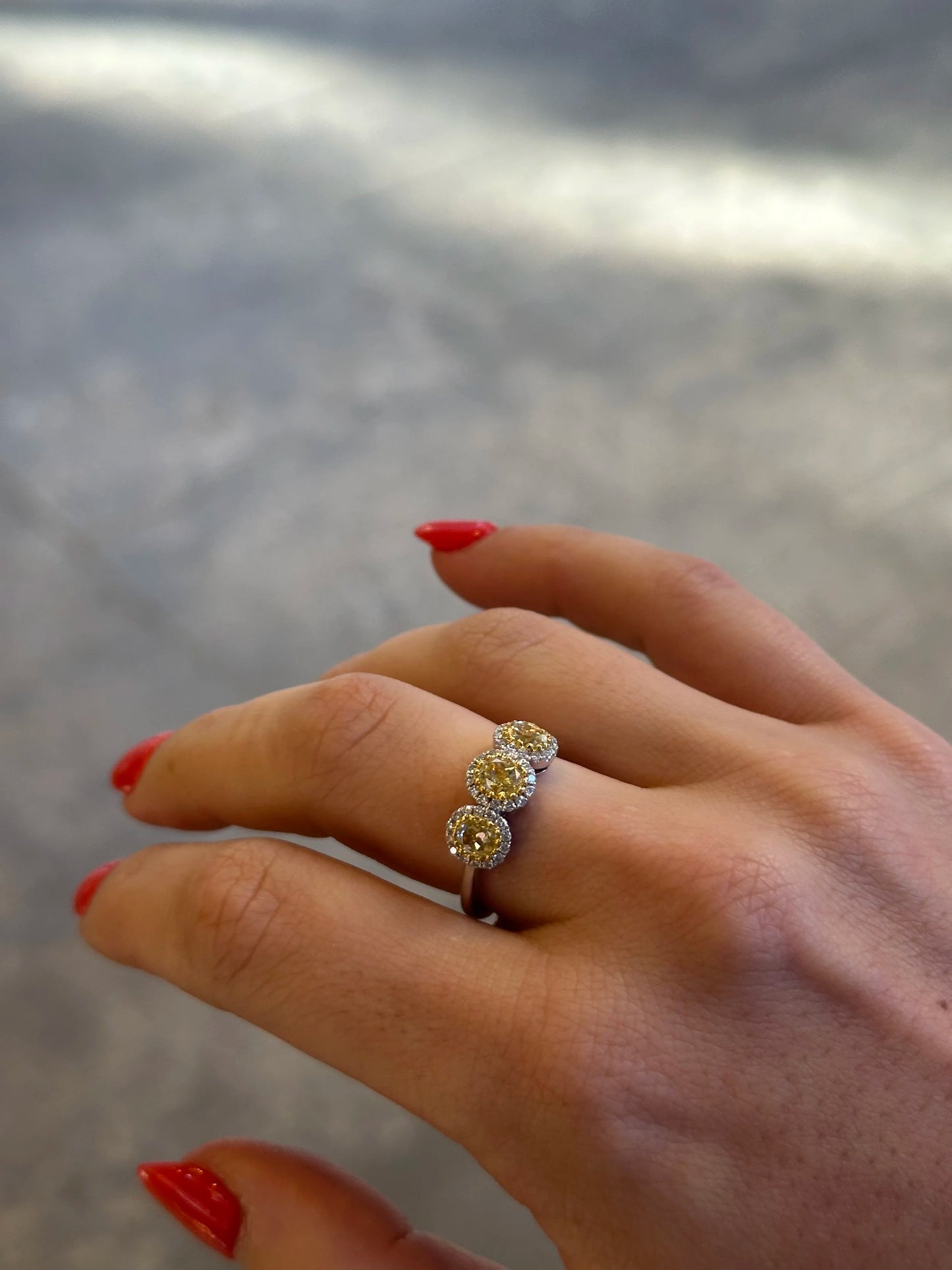 Ladies Three Yellow Diamond Ring with Halo